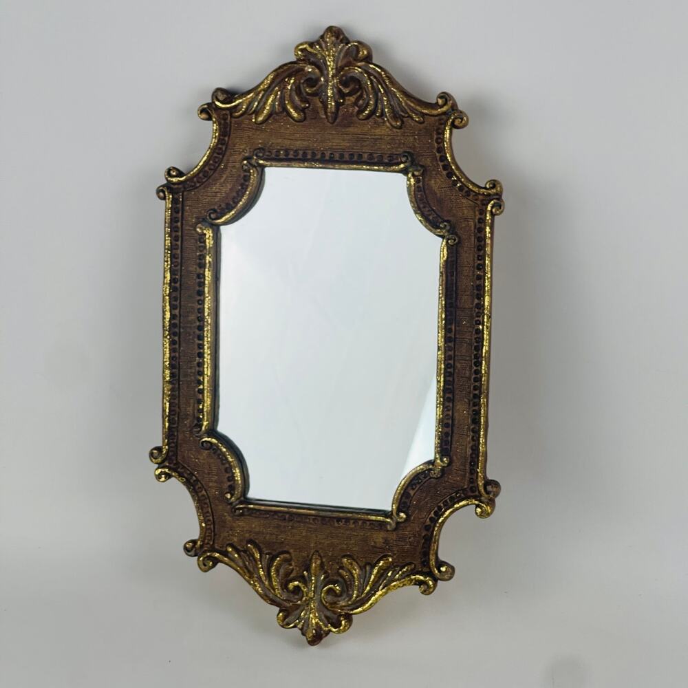 Ornate Vintage Rococo Style Resin Mirror Brown with Gilded Gold 11 5/8 X 6 5/8